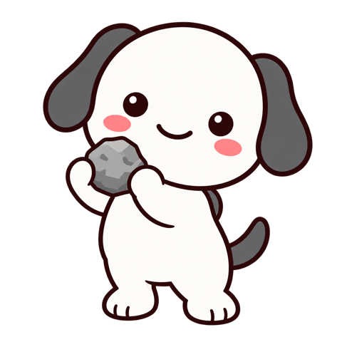 Dori, a white cartoon dog holding a rock, peeking up from the bottom of the page